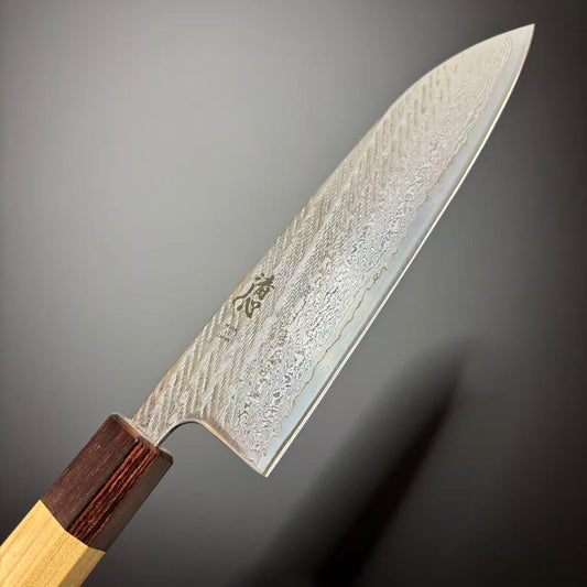 Santoku Silver-3 Tsuchime Damascus Keyaki 165mm
