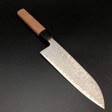 Stainless‐clad Santoku 165㎜ SLDN Steel Damascus 69 layer Octagonal angle walnut